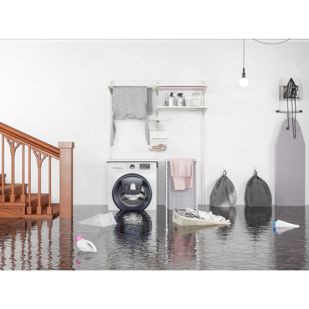 Standing water across a finished Philadelphia rowhouse basement after a storm